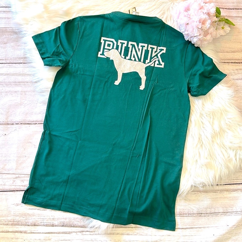 Victoria’s Secret PINK Glitter Logo Campus Pocket T-Shirt Green